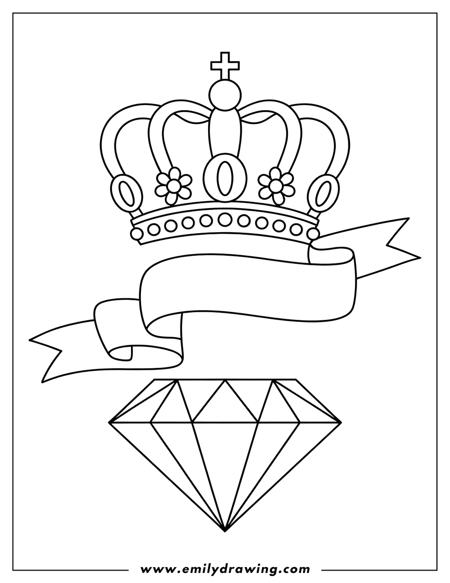 Outline of a crown with flowers and a banner above a large diamond.