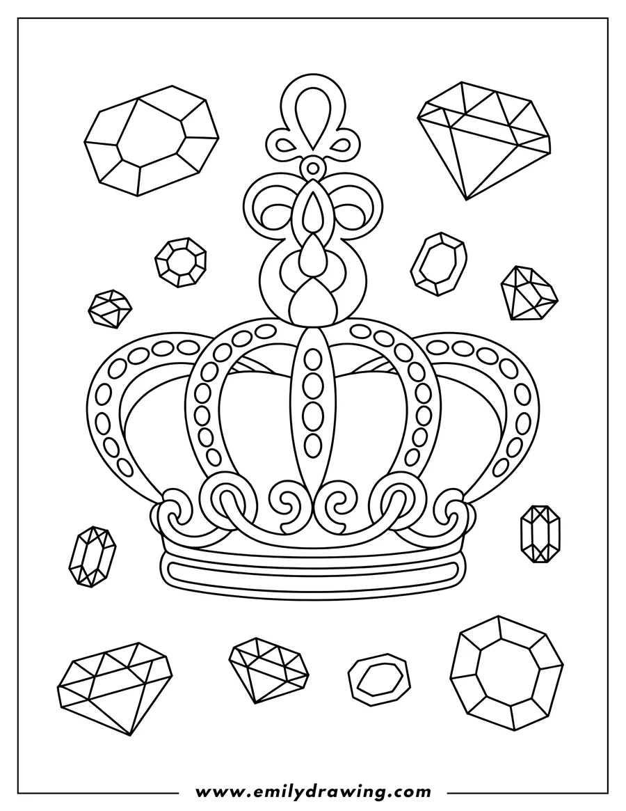 Line art of a crown surrounded by various jewels.