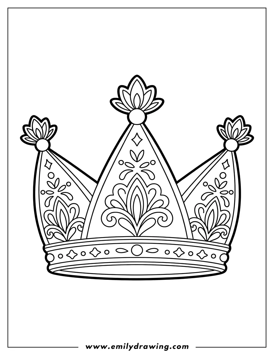 Line art of a crown with ornate floral designs. The crown has three points, each topped with a stylized floral motif. The band of the crown has circular and diamond shapes.