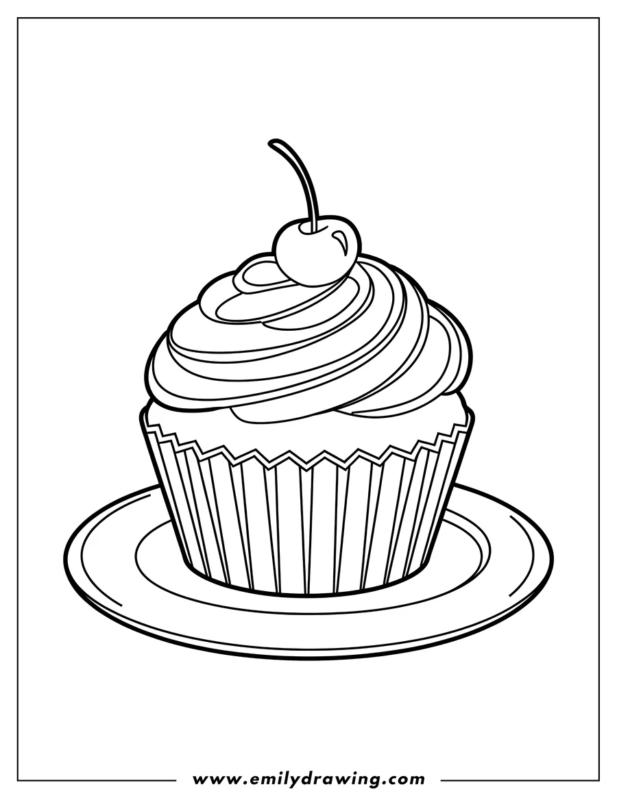 Outline of a cupcake with swirly frosting and a cherry on top, sitting on a plate.