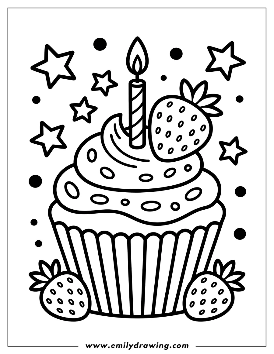 Line art of a cupcake with frosting, a lit candle, a strawberry on top, and two strawberries beside the cupcake's base. Stars and dots decorate the background.