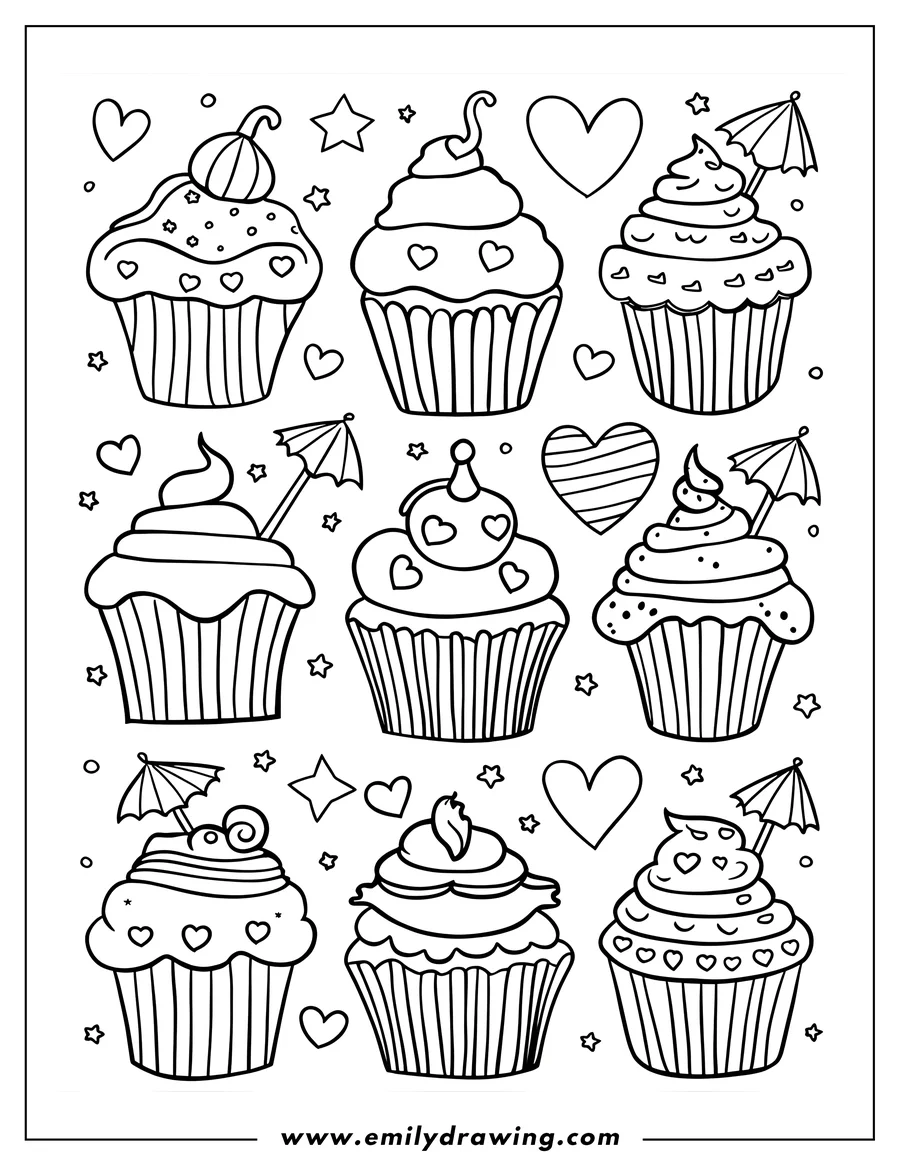 Outline of nine cupcakes with various decorations, including hearts, stars, cherries, and umbrellas.