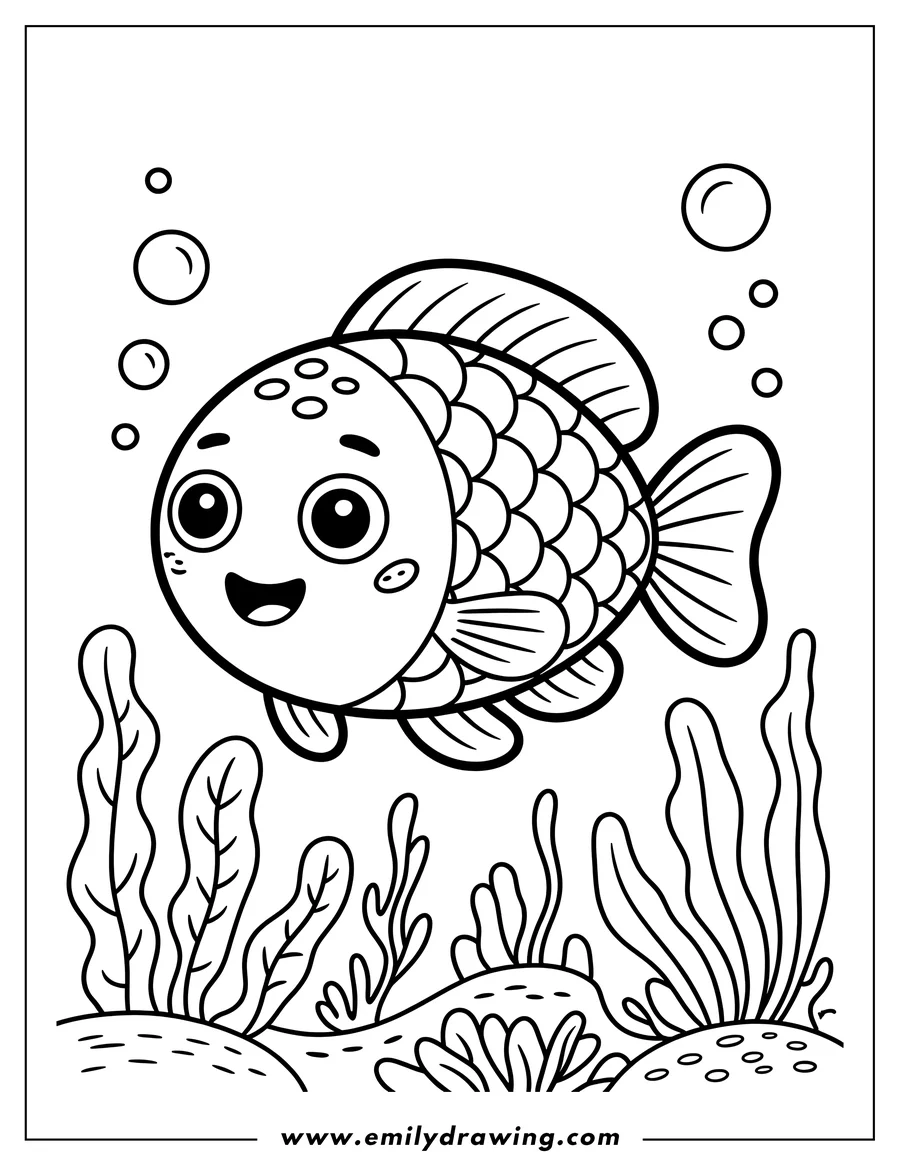 Line art of a cute fish with bubbles, surrounded by underwater plants.