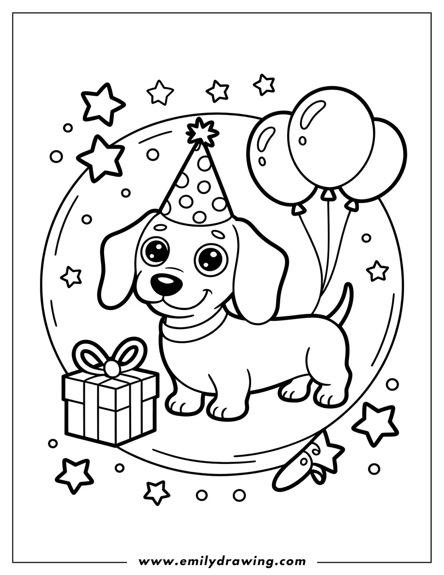 Line art of a dachshund wearing a party hat, with balloons and a present, celebrating a birthday.