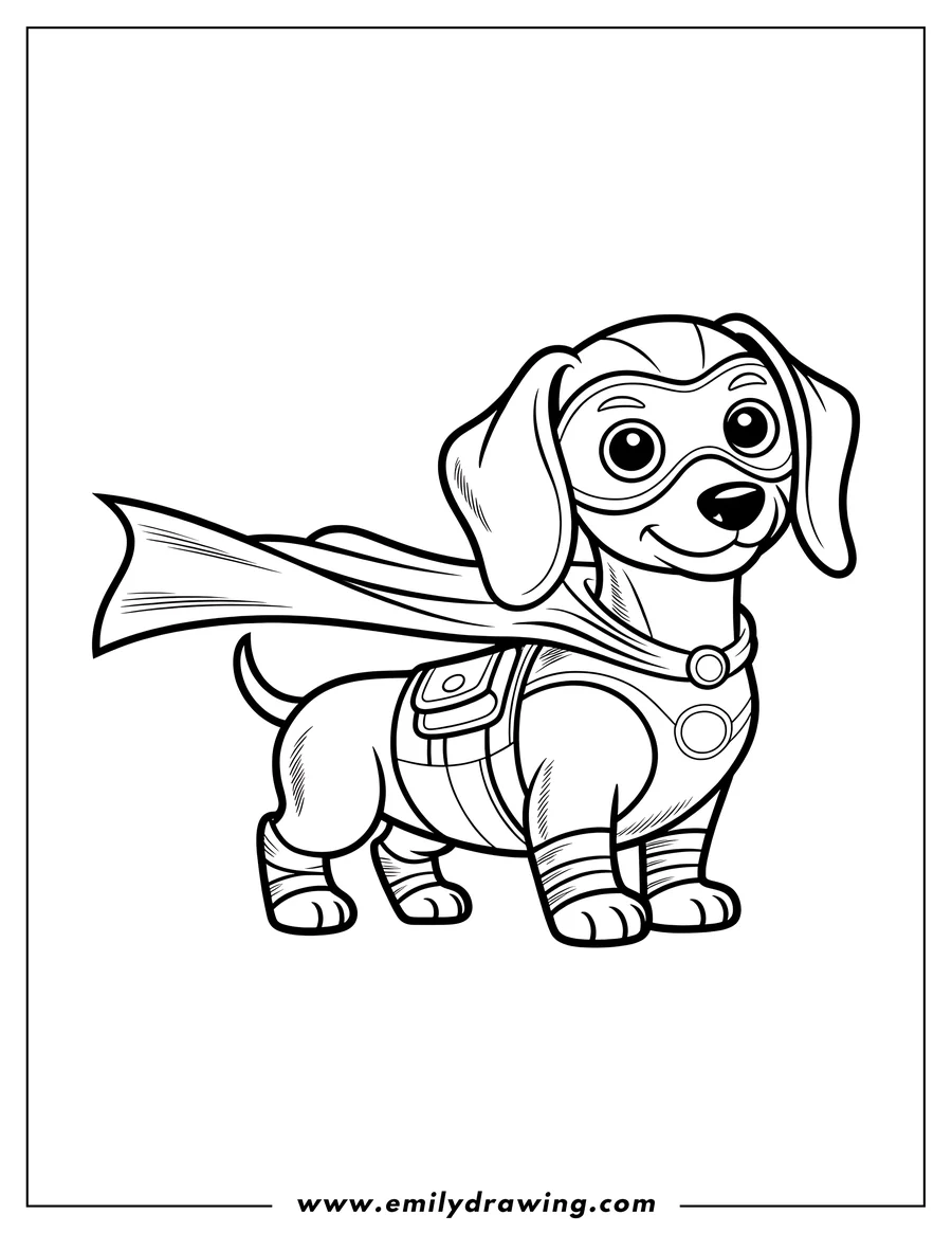 Line art of a dachshund dressed as a superhero, complete with a cape, mask, and costume details.