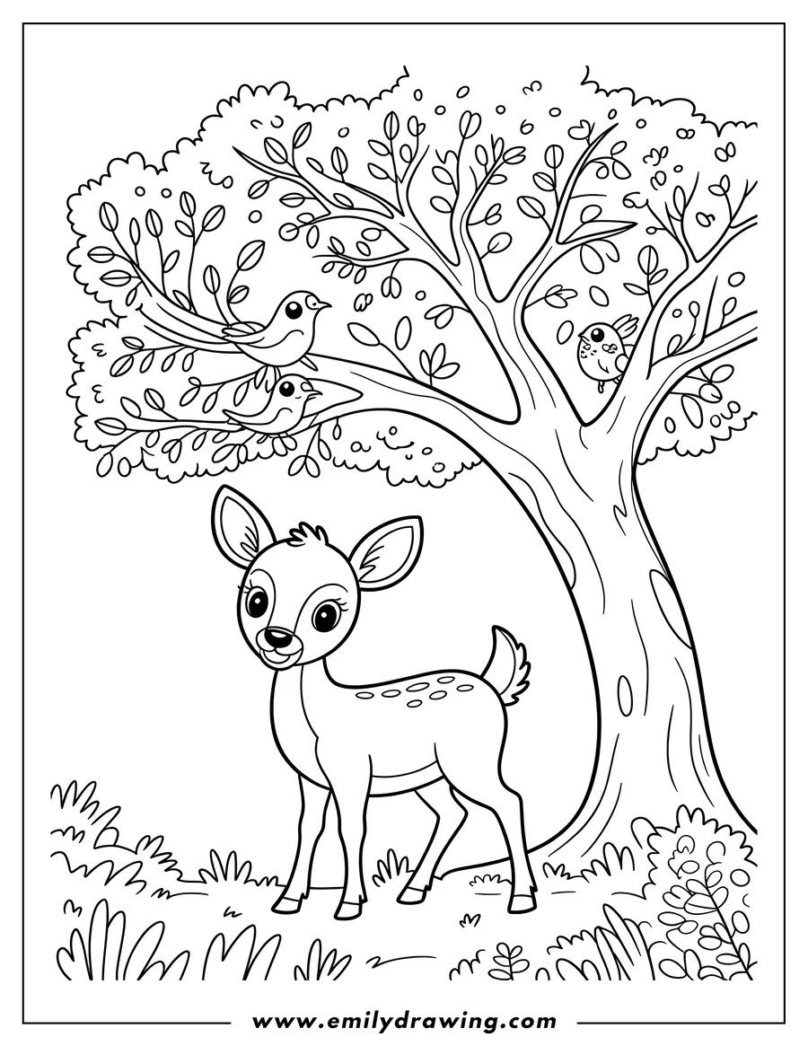 Outline of a deer standing near a tree with birds perched on its branches.