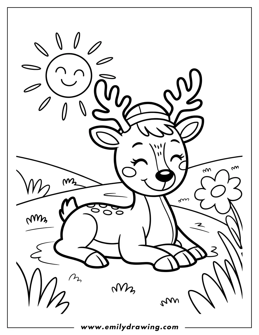 Outline of a deer relaxing in the grass on a sunny day. A simple flower blooms beside it.