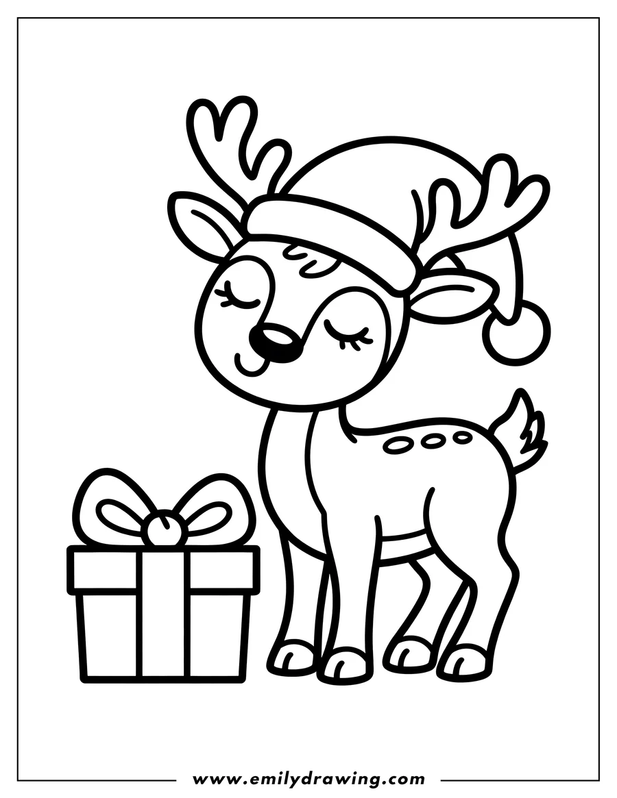 Outline of a deer wearing a Santa hat standing next to a wrapped present with a bow.