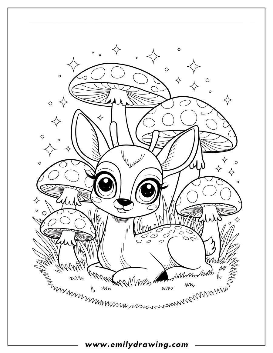 Outline of a young deer sitting in grass surrounded by spotted mushrooms. The deer has large, cute eyes.