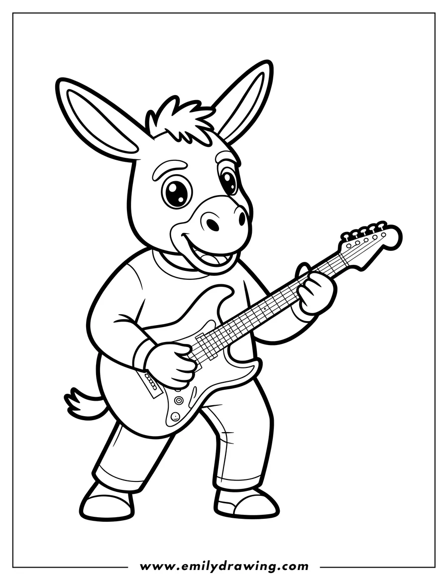 Line art of a donkey playing an electric guitar. He's wearing a shirt and pants and looks ready to rock.