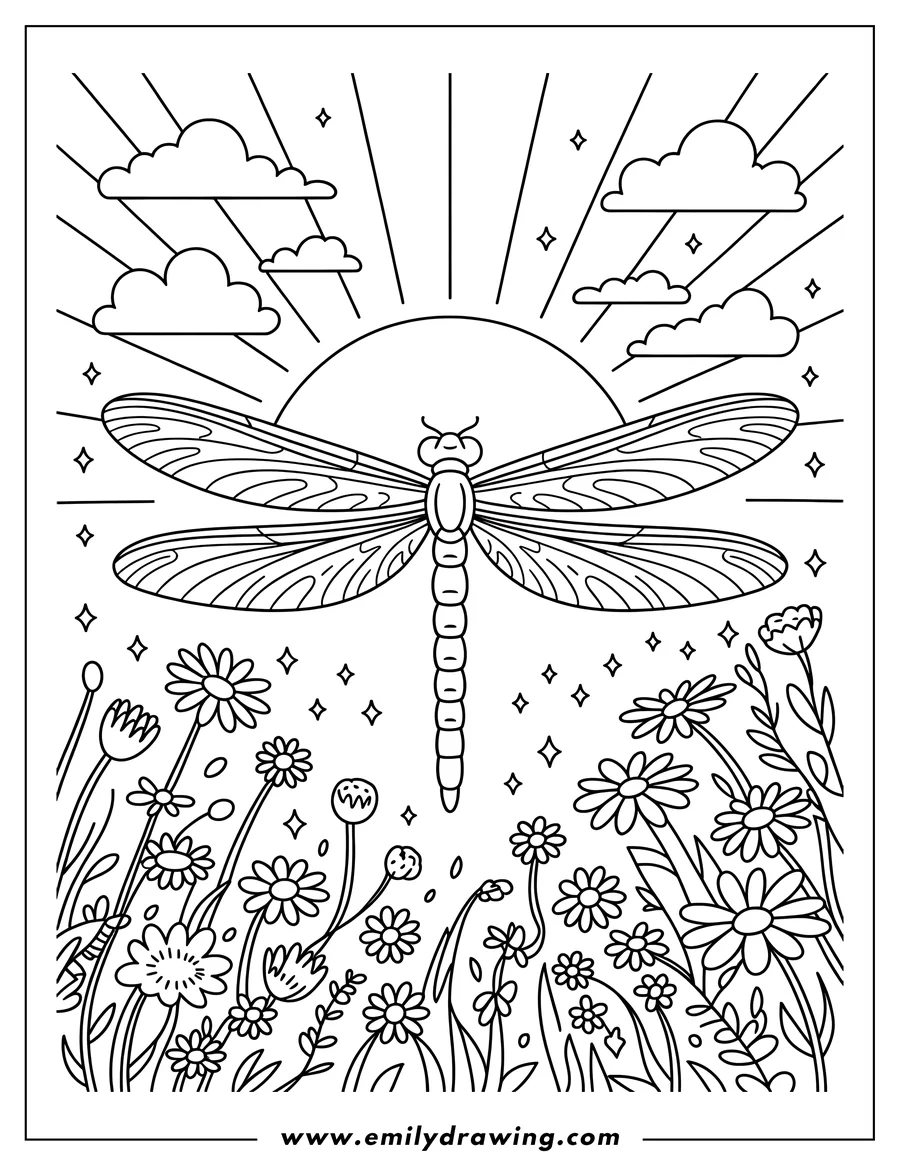 Line drawing of a dragonfly flying above flowers and plants with a sun and clouds in the background. Perfect for kids and nature lovers.