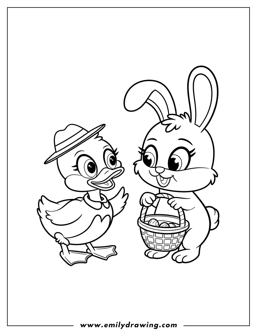 Line art of a duck wearing a hat and a bunny holding an Easter basket filled with eggs.