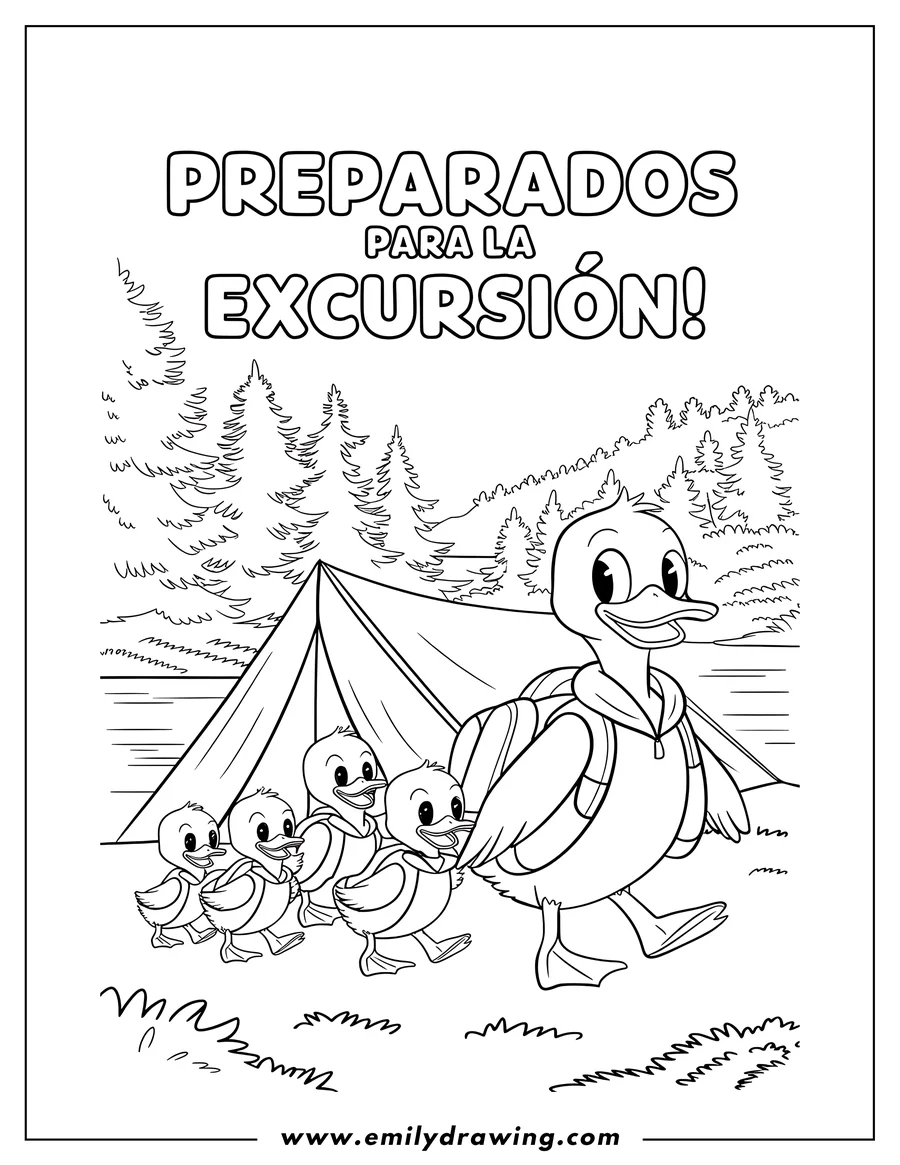 Outline of a mother duck with a backpack leading three ducklings on a camping trip, with a tent and trees in the background.
