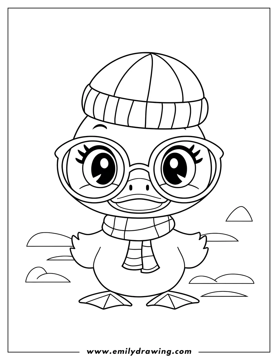 Outline of a duck wearing a striped winter hat, round glasses, and a checkered scarf.