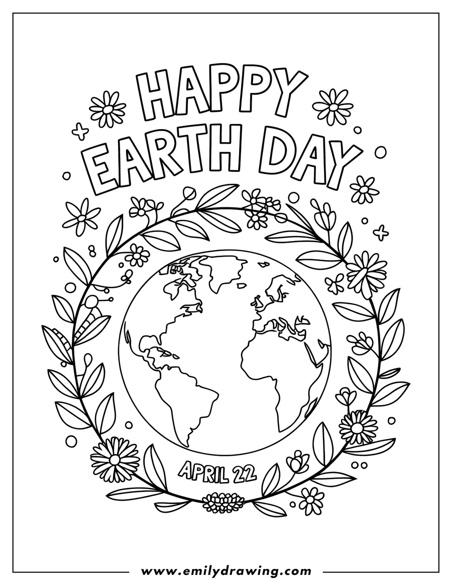 Line art of the Earth surrounded by a decorative wreath of flowers and leaves for Earth Day.