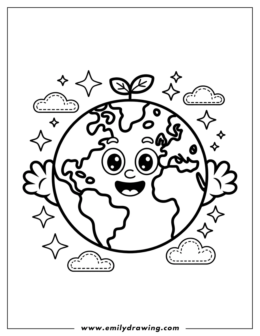 Line art of Earth with a small sprout growing on top, surrounded by sparkling stars and fluffy clouds.