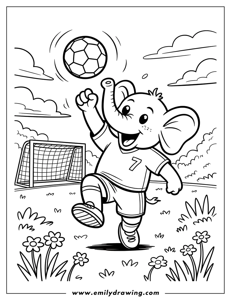 Outline of an elephant wearing a soccer uniform and about to kick a soccer ball.  A soccer net and flowers are also visible.