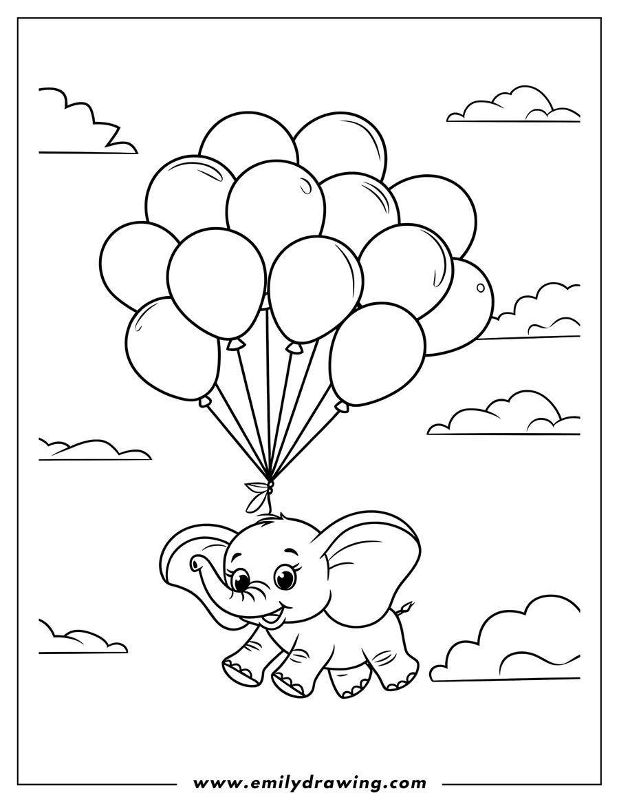 Outline of a baby elephant holding a bunch of balloons, floating among fluffy clouds.
