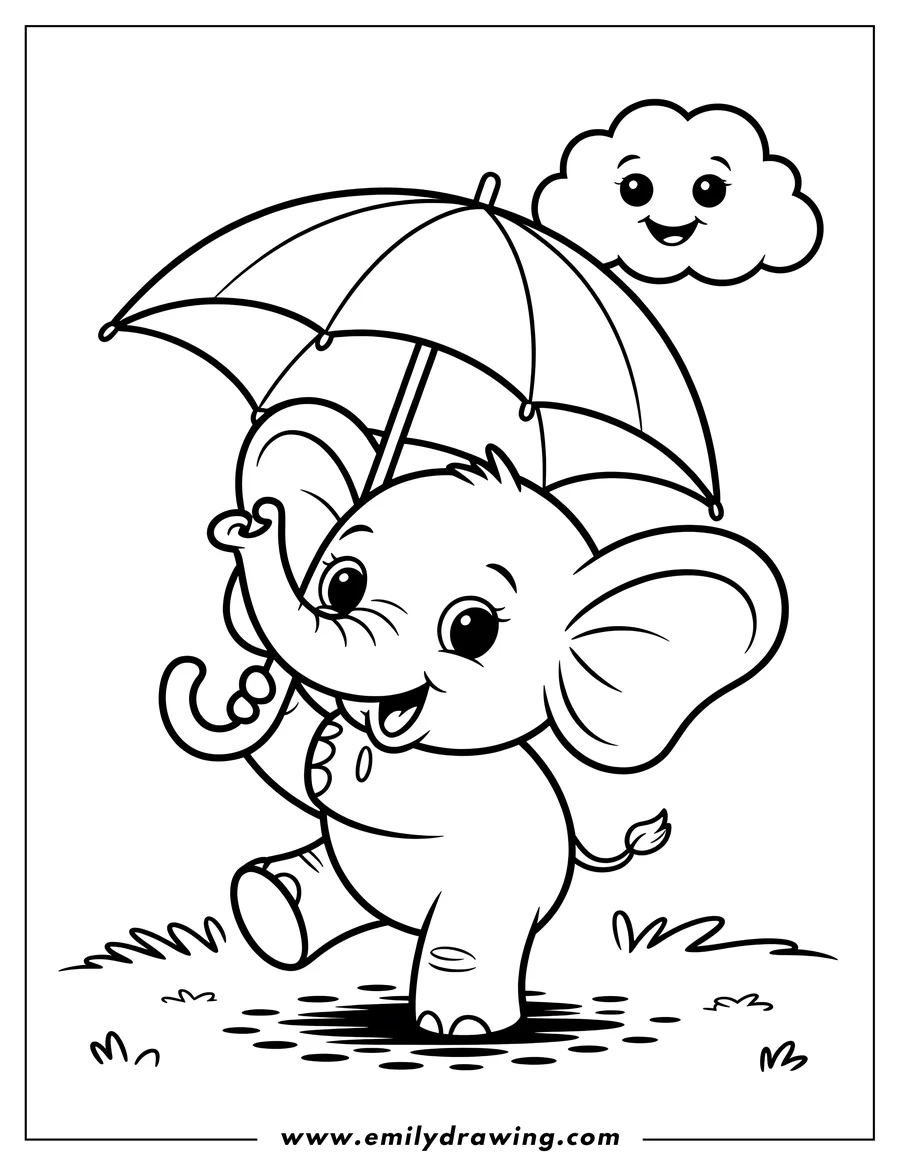 Line art of a baby elephant holding an umbrella, standing near a puddle with a smiling cloud overhead.