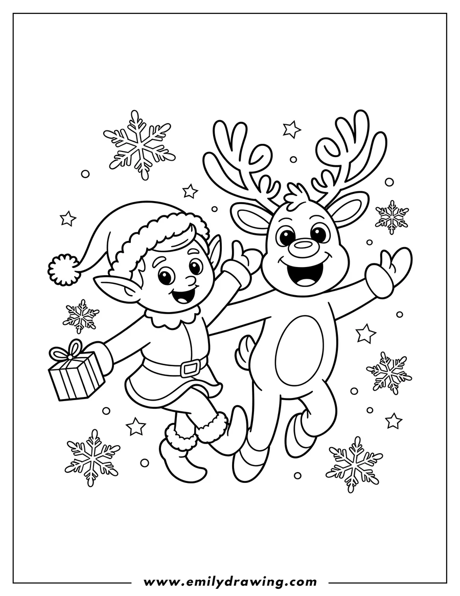 Outline of a Christmas elf holding a present and a reindeer surrounded by snowflakes and stars.