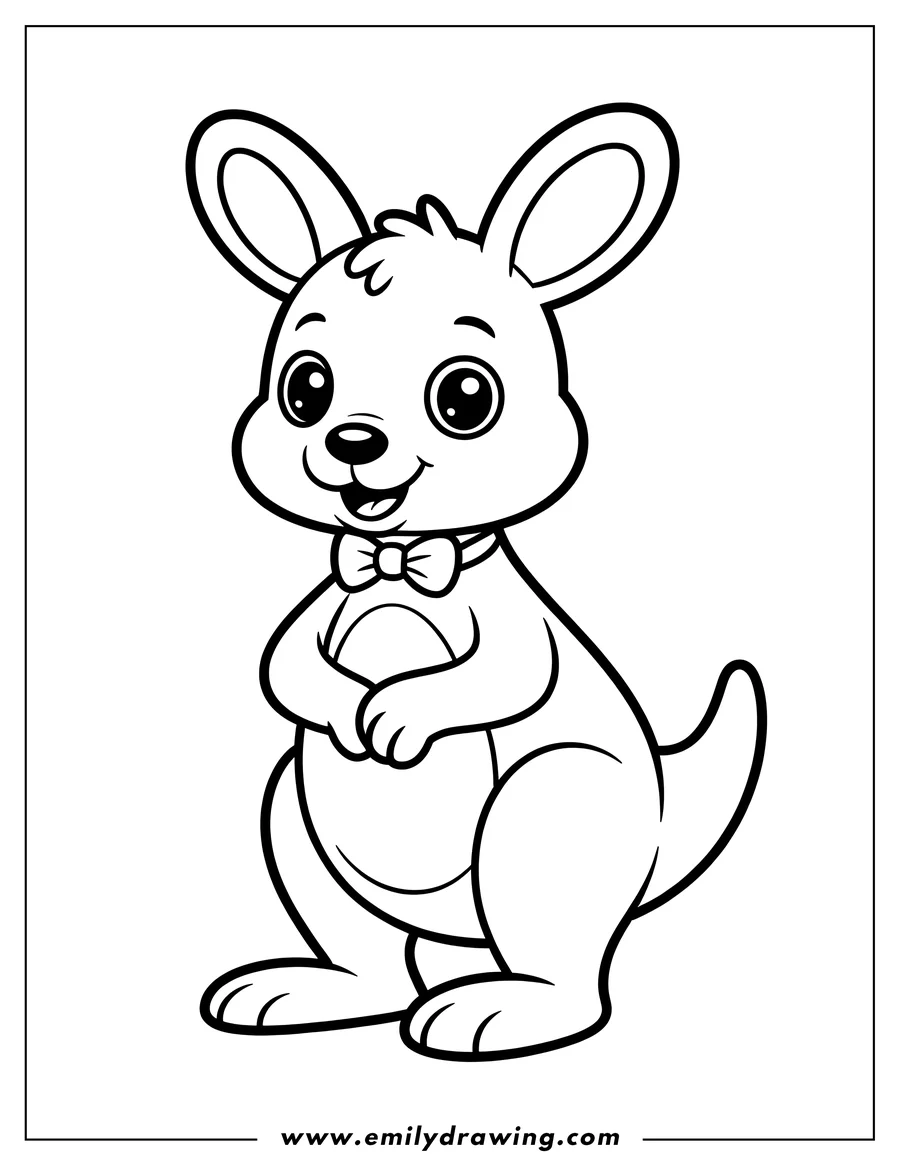 Outline of a kangaroo wearing a bow tie, standing and smiling.