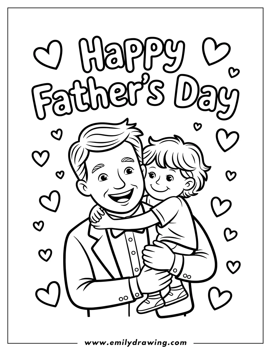 Line art of a father holding his child and smiling as the child hugs him. There are also some little hearts surrounding them.