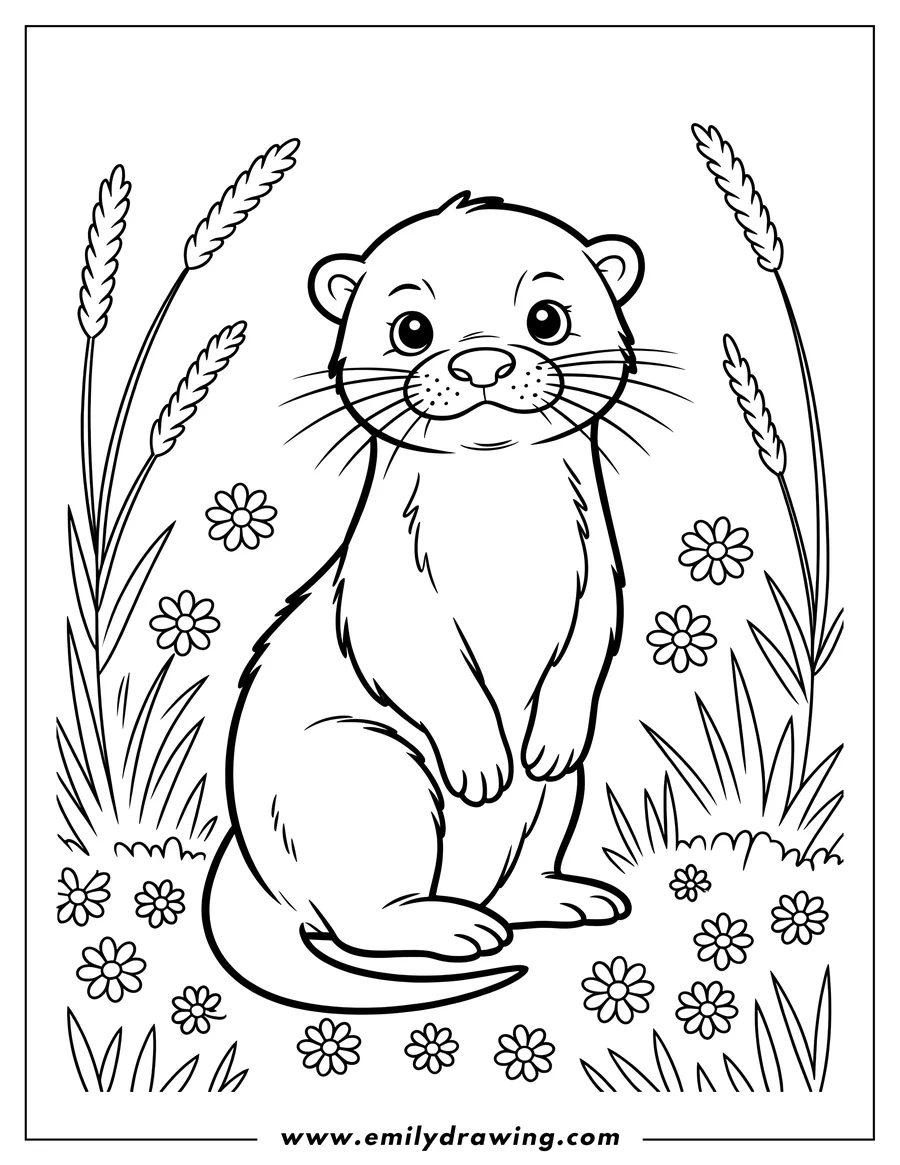 Line art of a ferret sitting in a meadow surrounded by flowers and tall grass.
