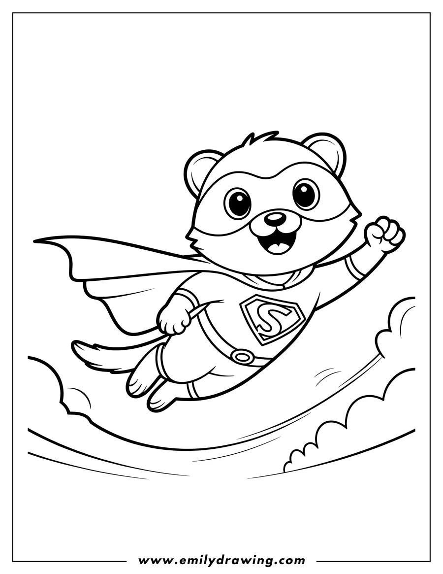 Outline of a ferret dressed as a superhero flying through the sky with clouds below.