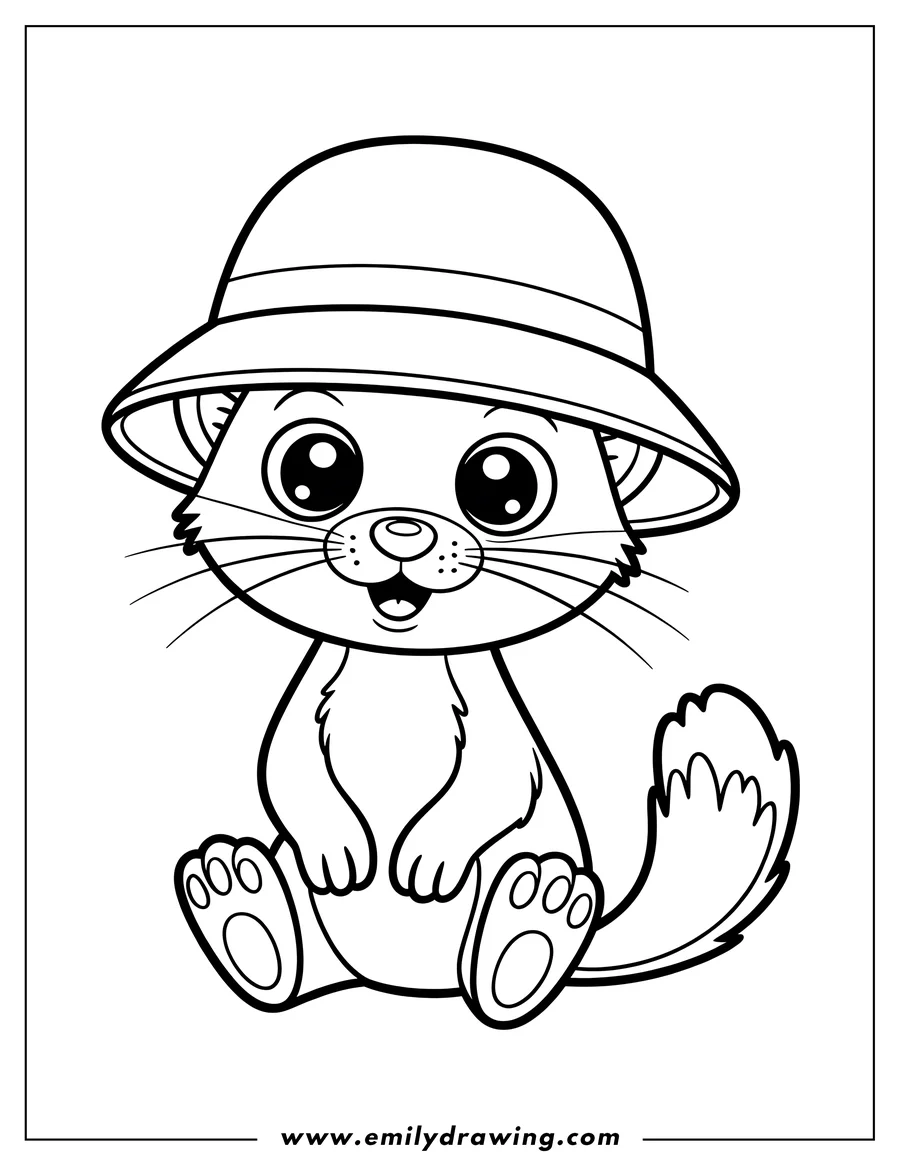 Line art of a ferret wearing a large brimmed hat. It is sitting and smiling.