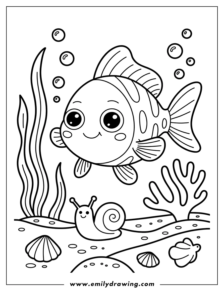 Outline of a fish swimming above a snail underwater, surrounded by seaweed, bubbles, and seashells on the seabed.