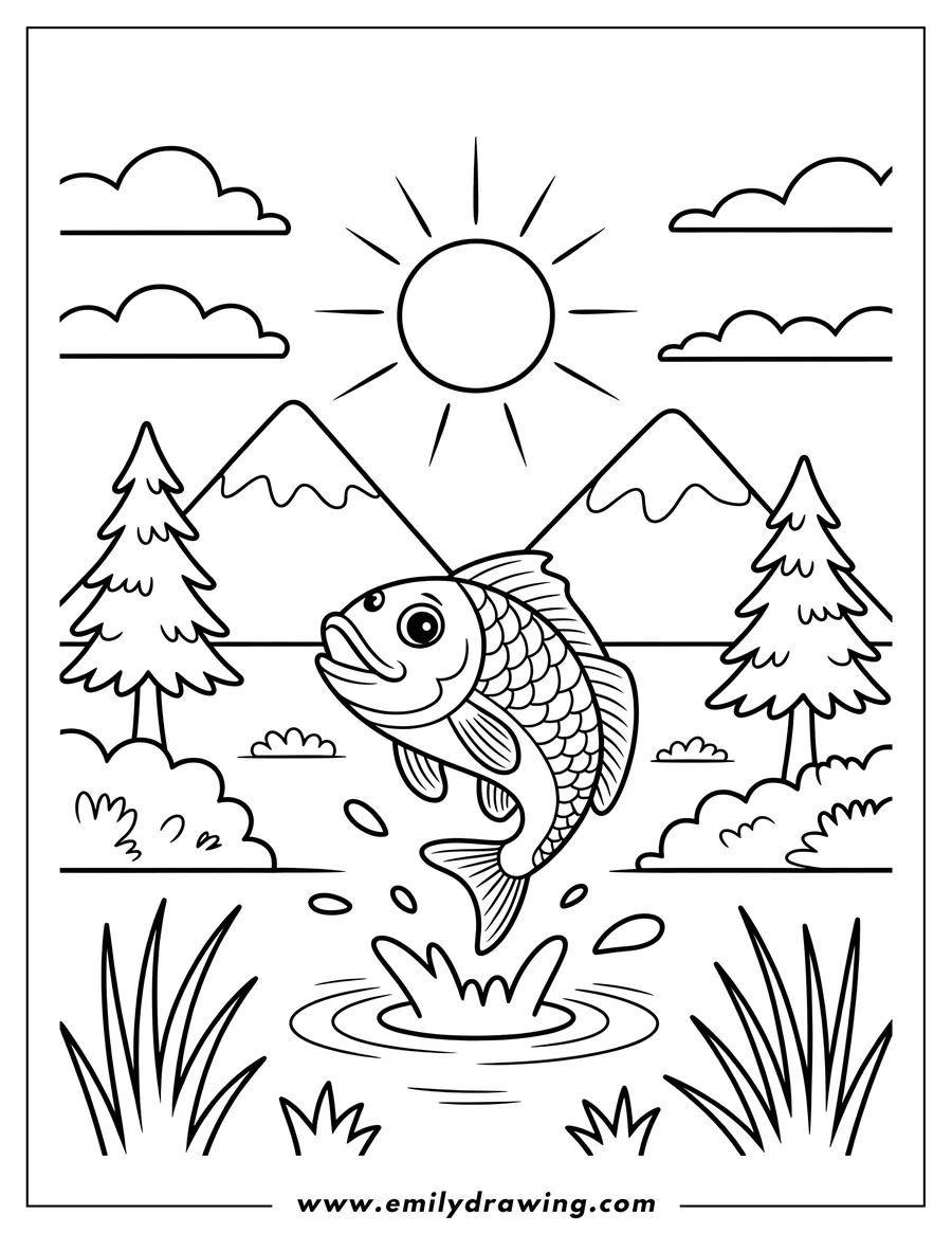 Line art of a fish jumping out of a lake with mountains, trees, and a bright sun in the background.