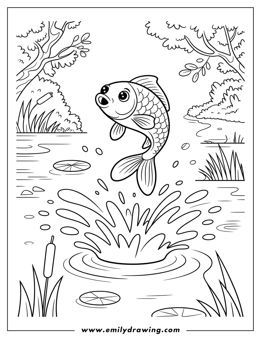Line art of a fish jumping out of a pond, creating a splash.  Lily pads and reeds are visible in the water.
