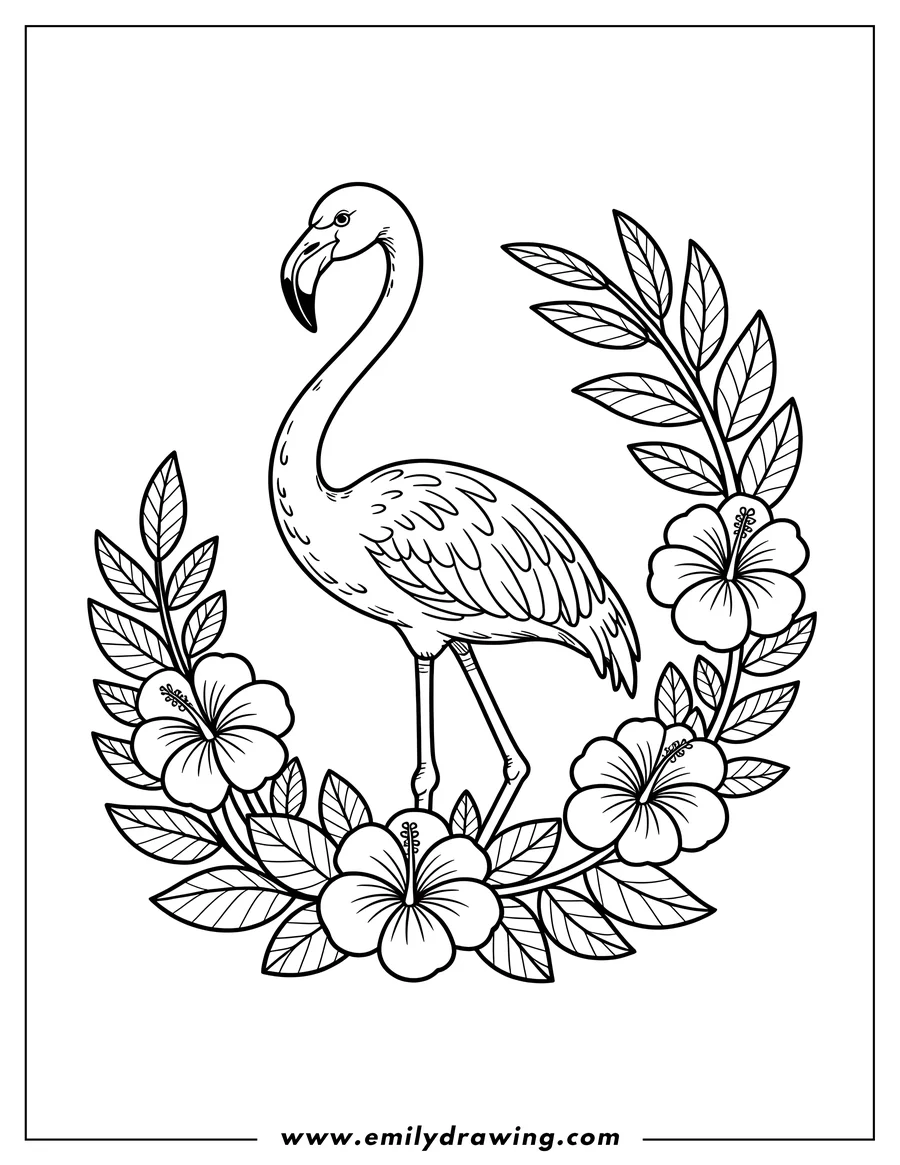 Line art of a flamingo standing amongst hibiscus flowers and leaves.