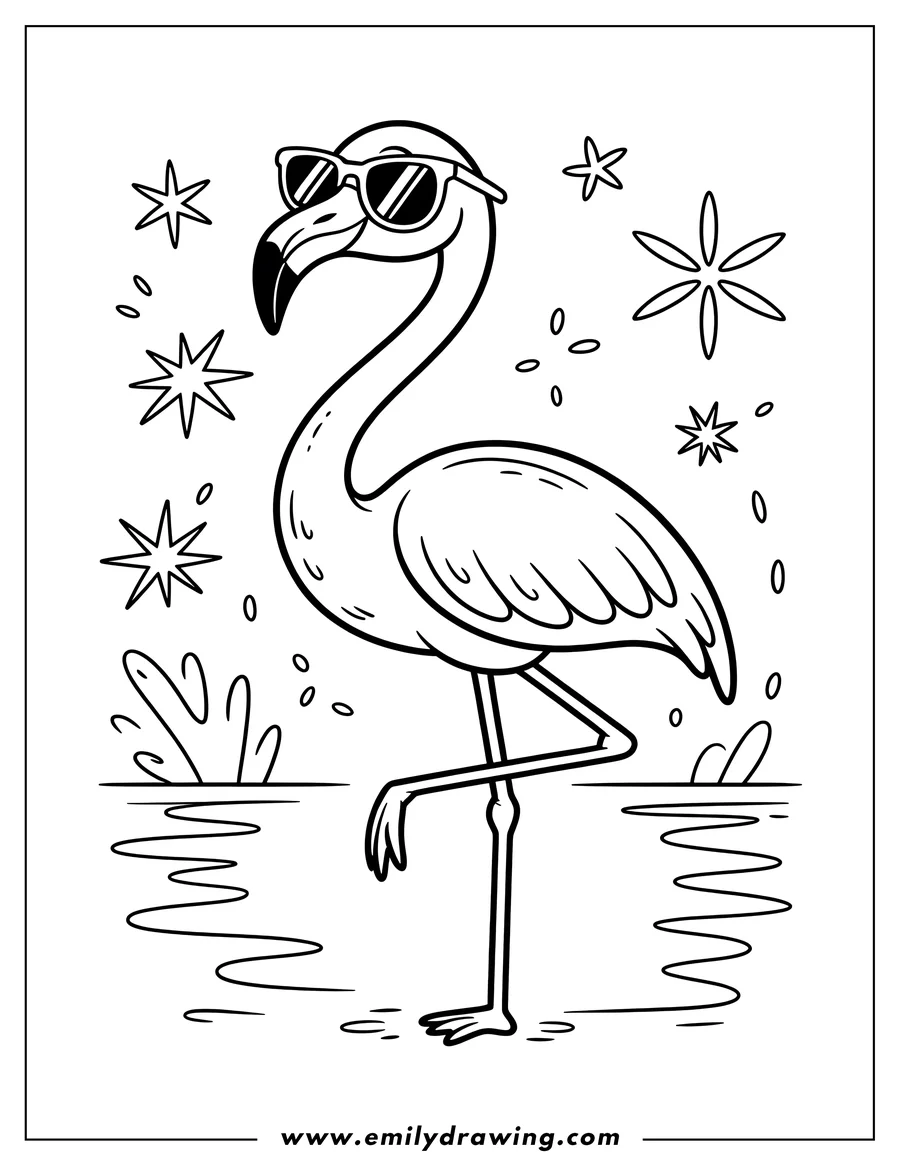 Outline of a flamingo wearing sunglasses, standing on one leg in shallow water.
