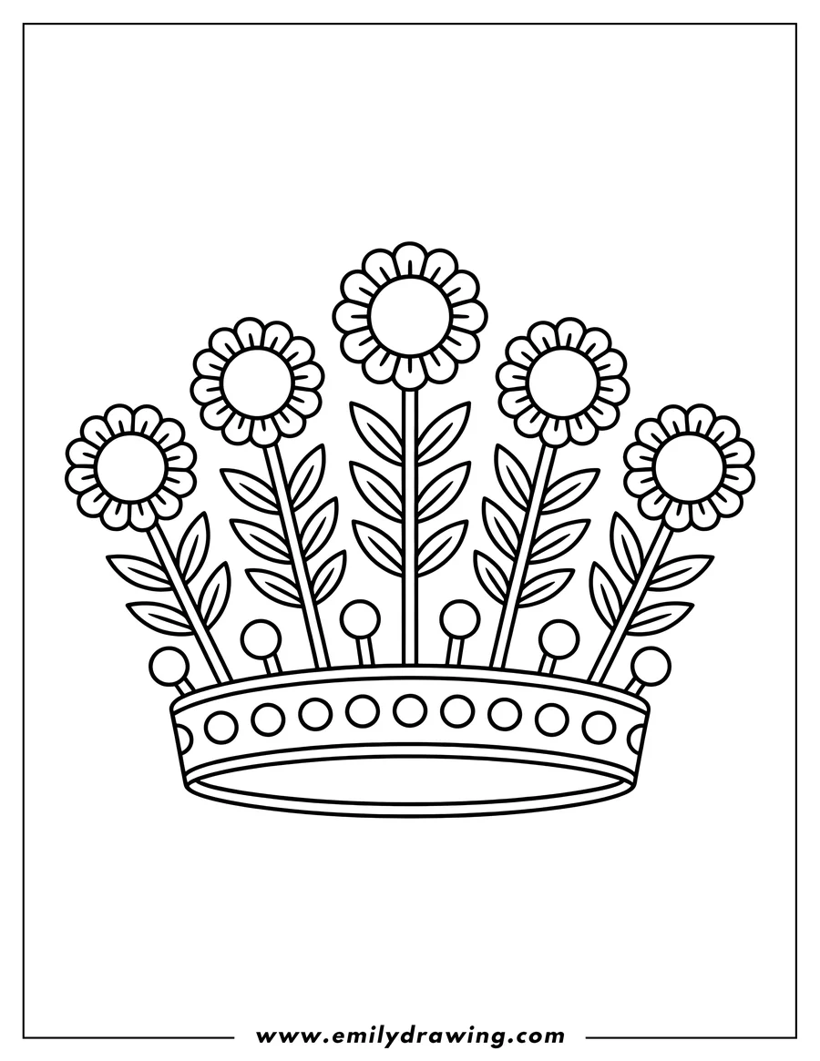 Simple line drawing of a crown decorated with five stemmed flowers. The crown band has open circles along the lower edge.