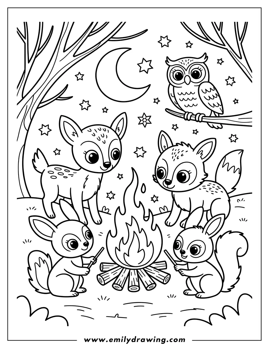 Outline of a deer, fox, and two squirrels gathered around a campfire at night. An owl sits on a branch overhead, and the moon and stars are visible in the sky.