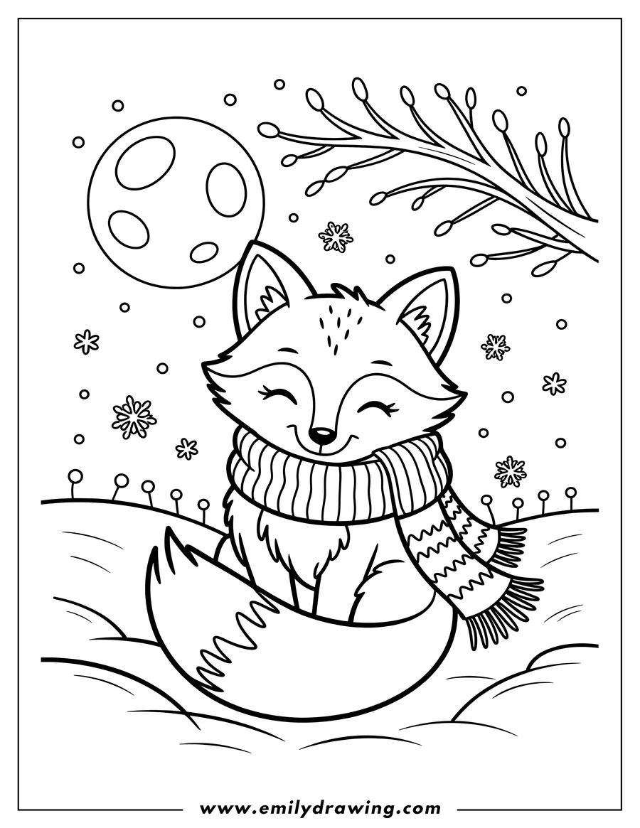 Line art of a fox wearing a scarf in a snowy winter scene under the moon.