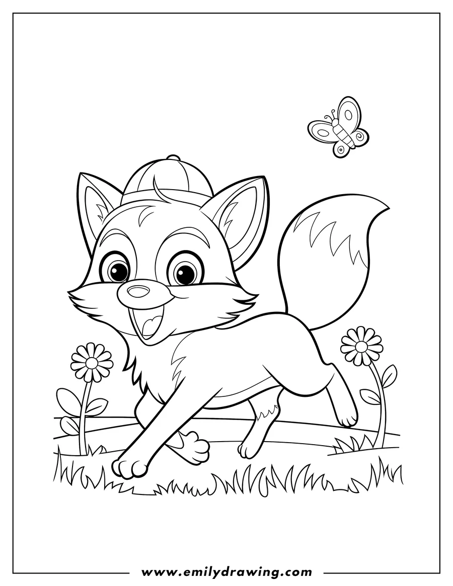 Outline of a fox wearing a baseball cap, walking in the grass near flowers with a butterfly nearby.
