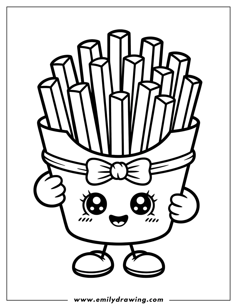 Line art of a kawaii french fries box with a cute smiling face and a bow. The box is holding itself with small hands.