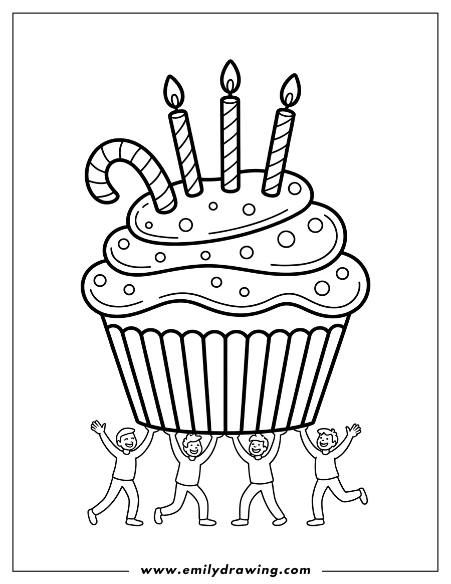 Outline of four people carrying a giant cupcake with three lit candles and a candy cane on top.