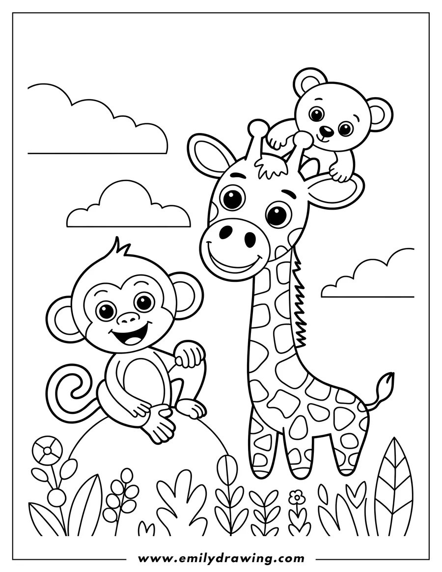 Outline of a giraffe with a bear on its head, a monkey sitting nearby, and simple flowers and leaves at their feet.