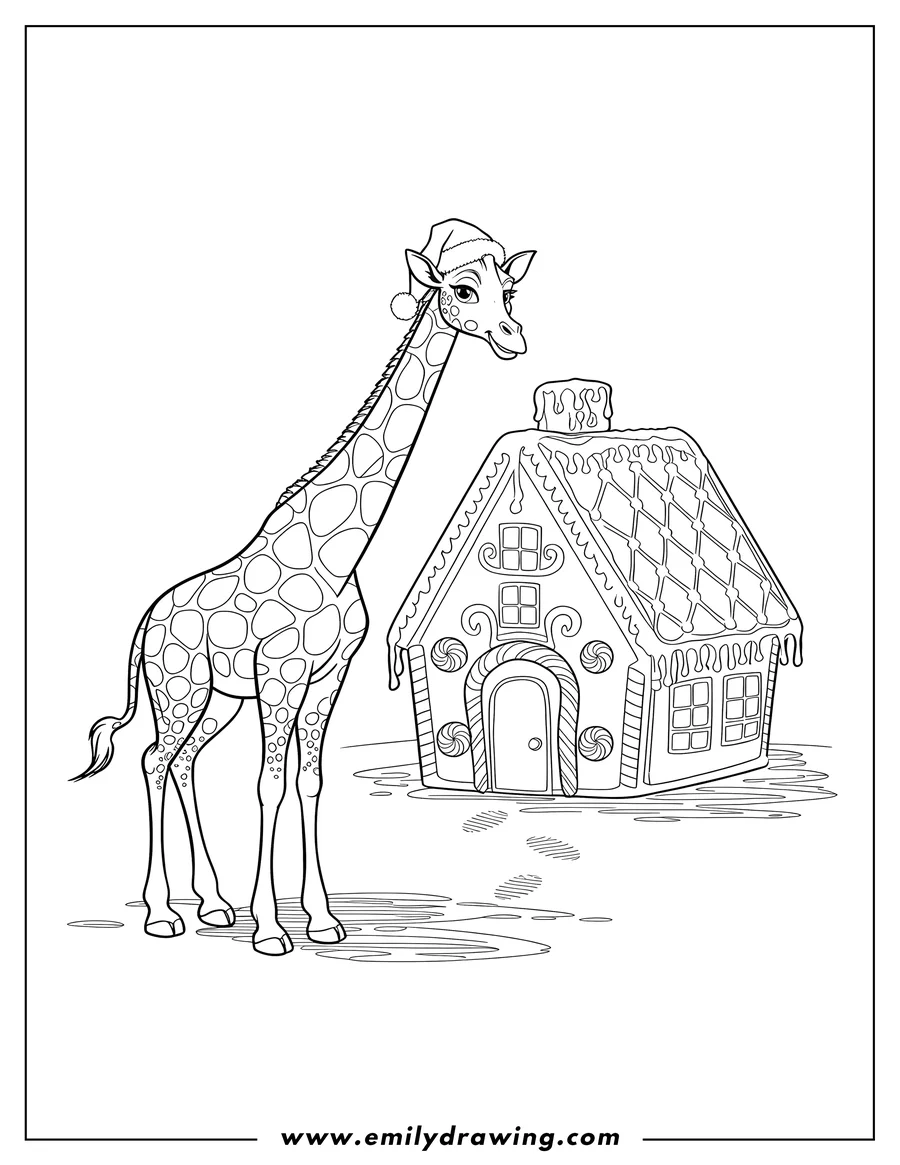 Outline of a giraffe wearing a Santa hat standing near a decorated gingerbread house.