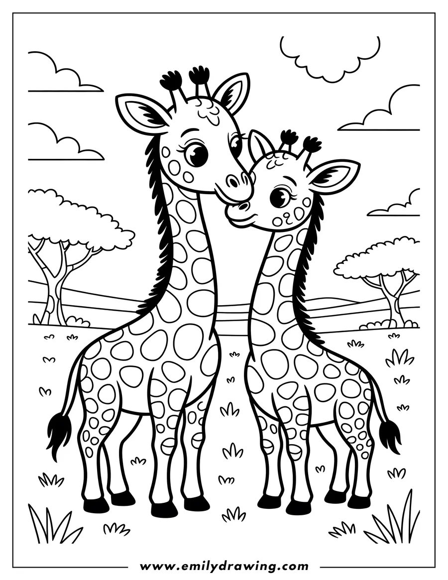 Outline of two giraffes standing together in a savanna setting. There are acacia trees and fluffy clouds in the background.