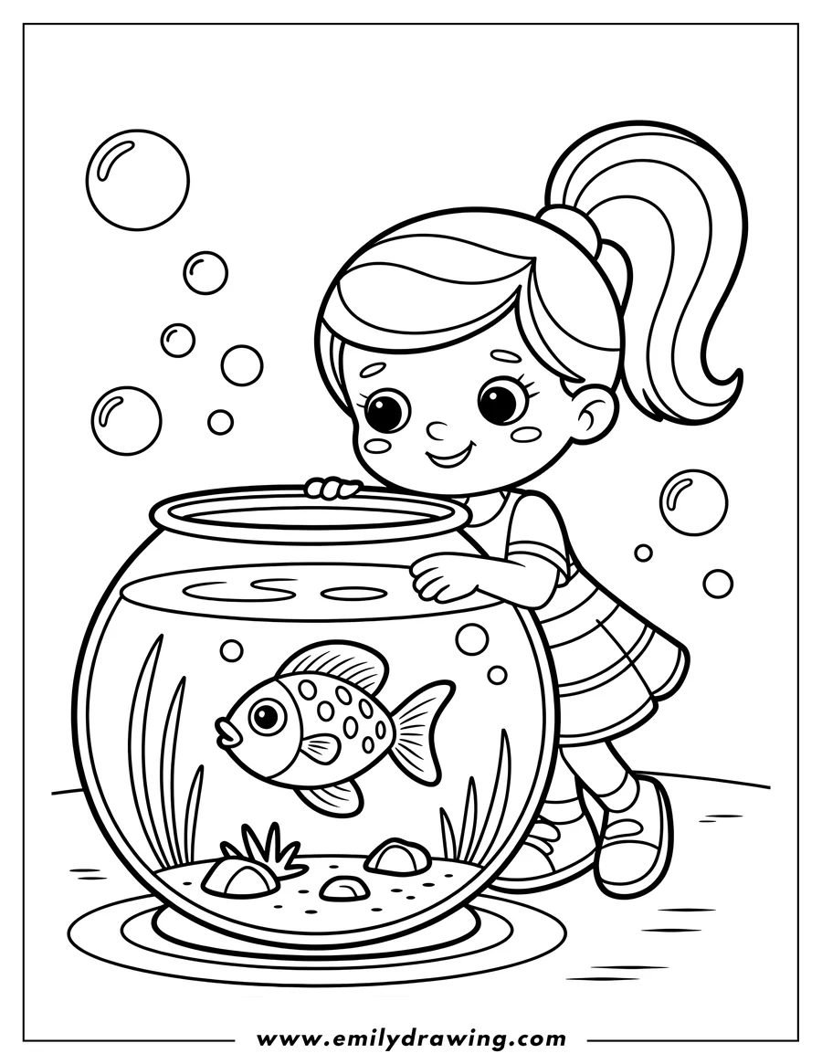 Outline of a girl looking at a fish in a fishbowl.  There are bubbles floating around her head and rocks and seaweed inside the bowl.