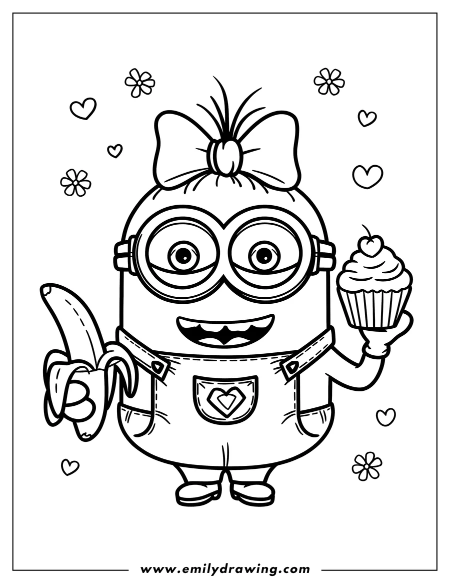 Outline of a girl minion holding a peeled banana and a cupcake with a cherry on top. She's wearing overalls with a heart and a bow in her hair.