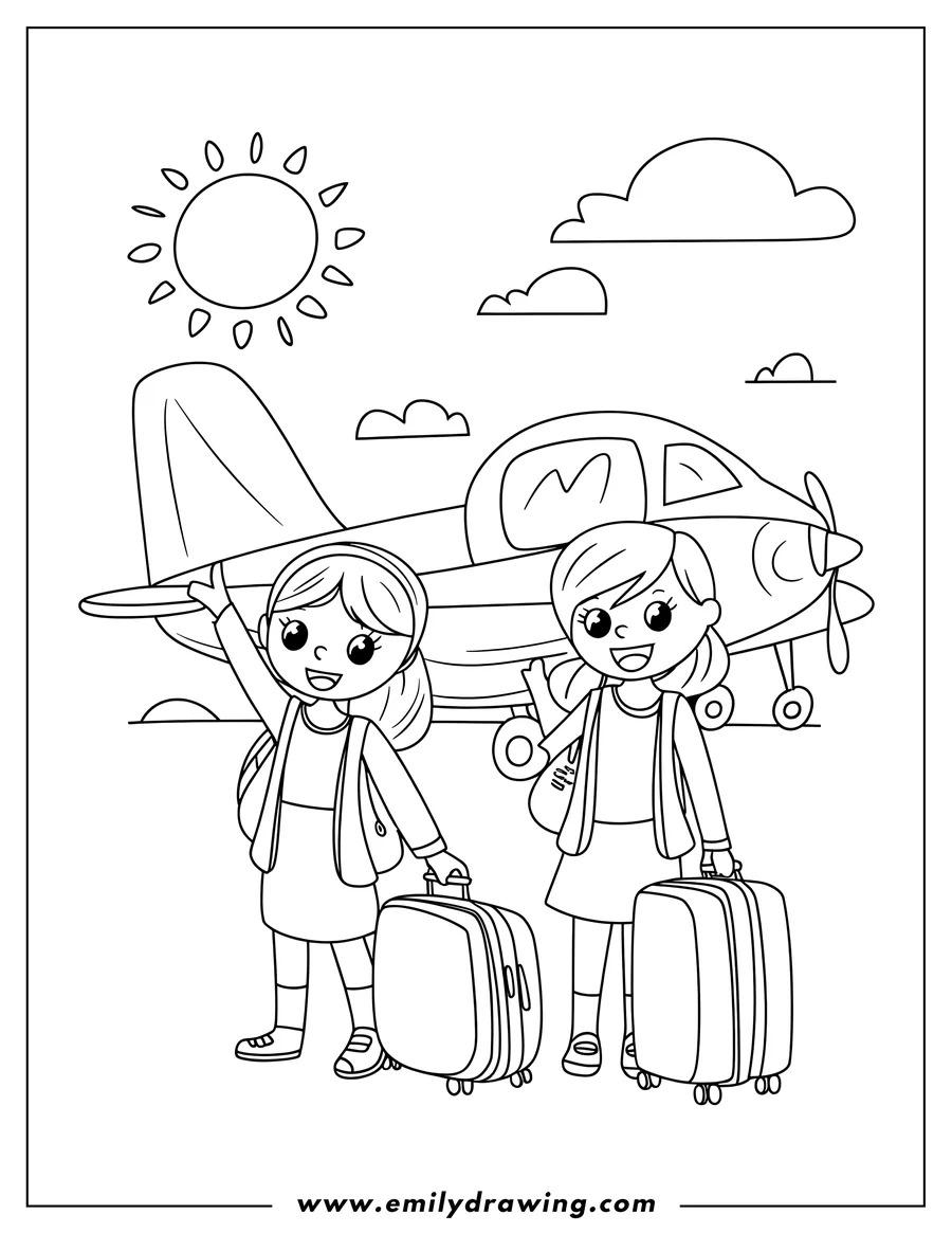 Two girls with suitcases stand next to a small plane.  One girl is waving. They appear ready for a trip.