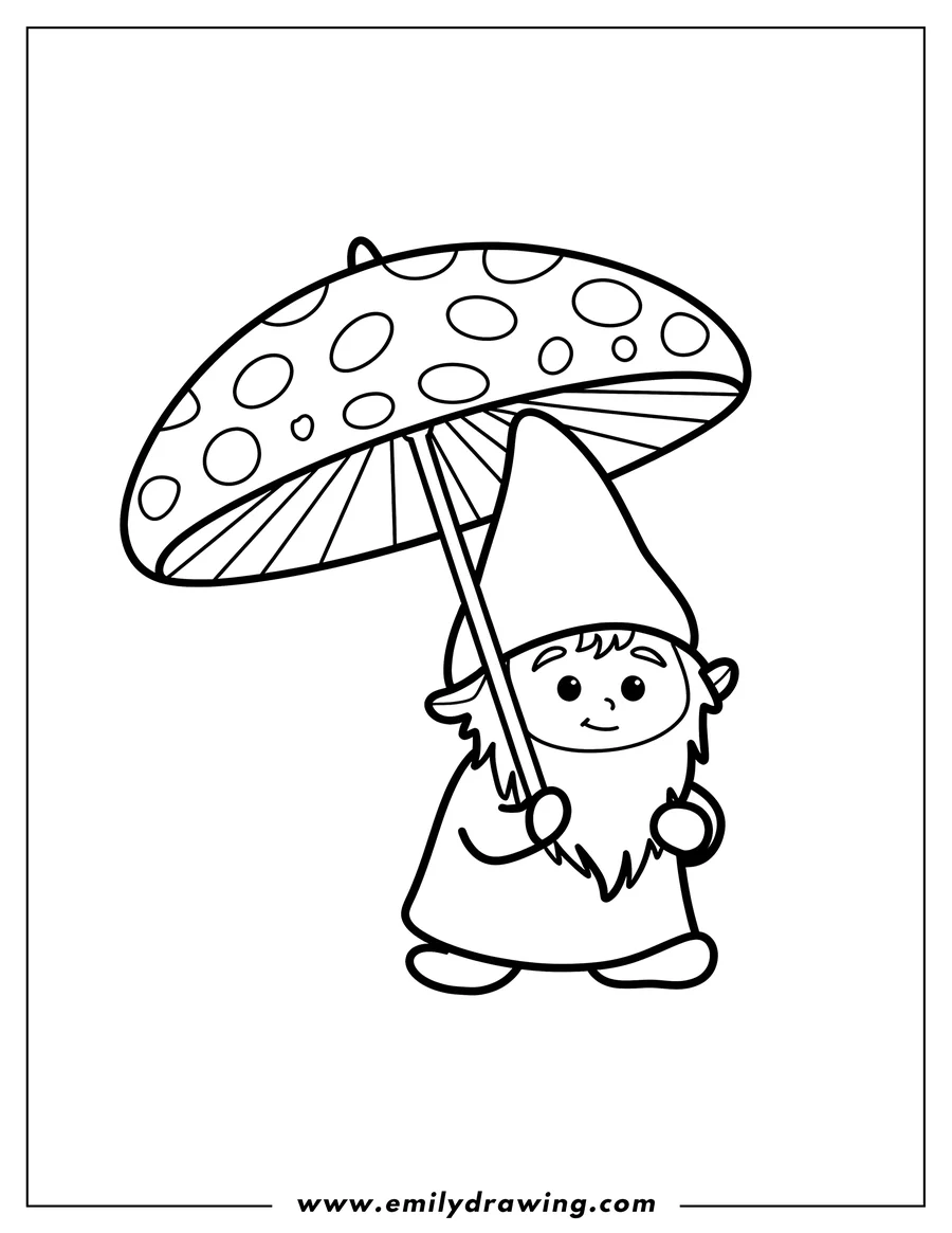 Outline of a gnome holding a large mushroom like an umbrella.