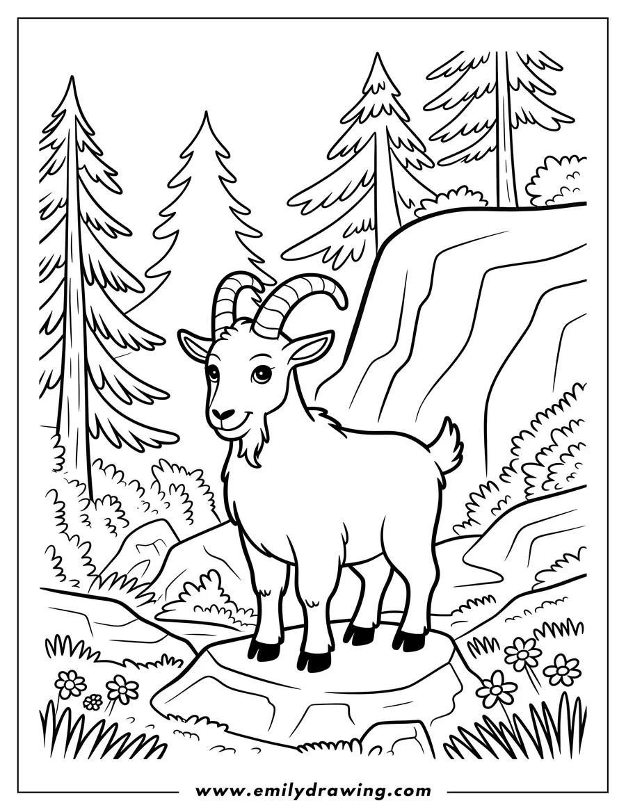 Outline of a goat standing on a rock in a mountain forest setting.  There are evergreen trees, bushes, flowers, and a rocky slope in the background.