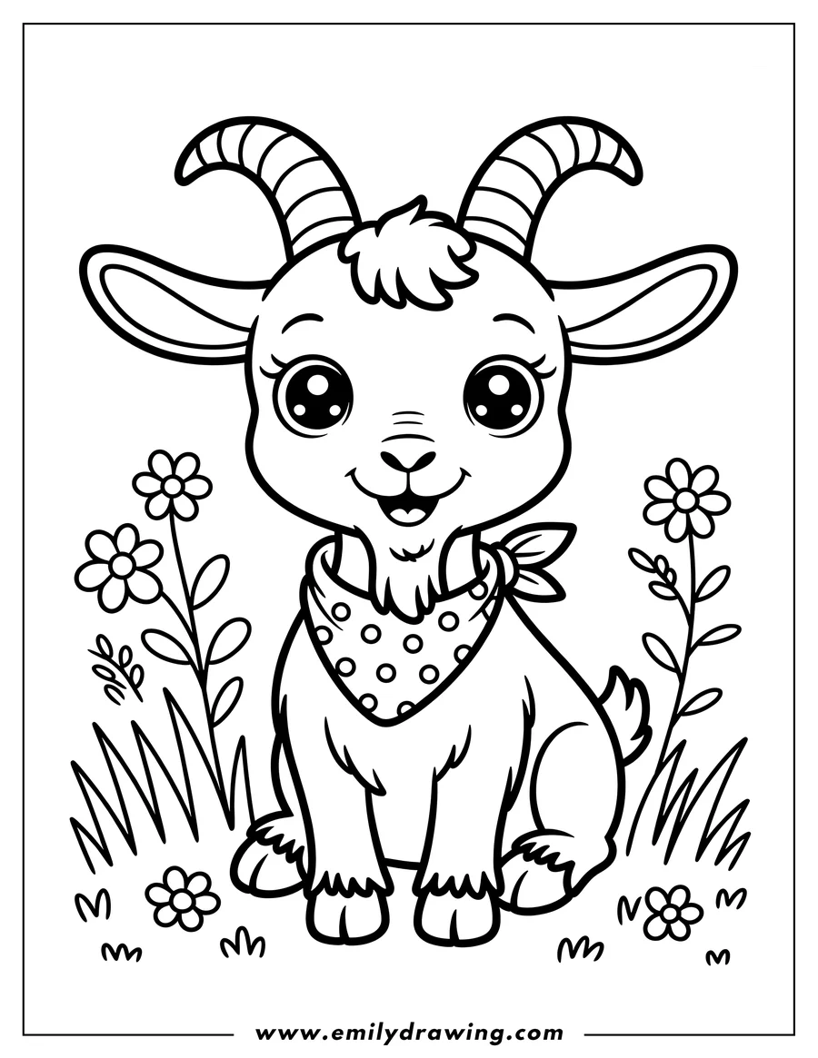 Outline of a goat wearing a polka dot bandana, sitting in the grass near some flowers.