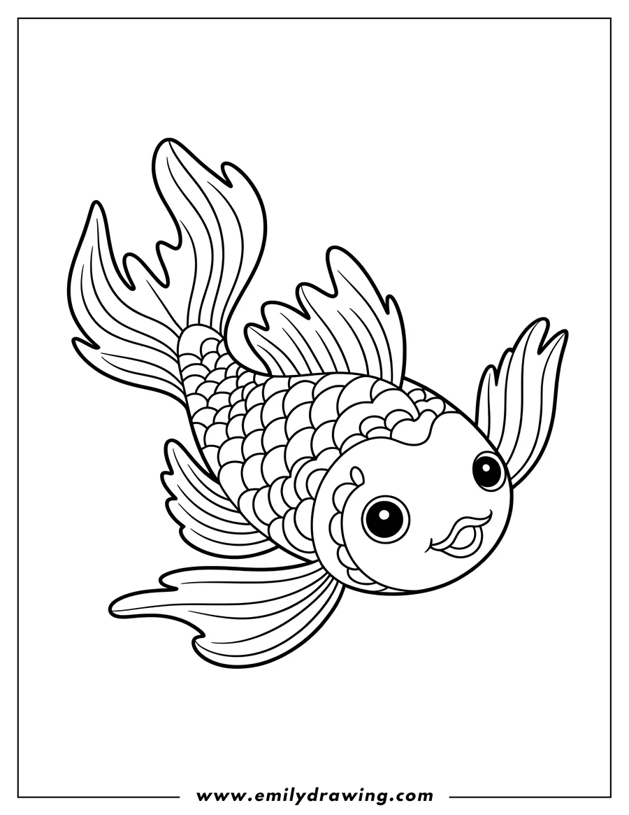 Outline of a goldfish with large fins and tail.